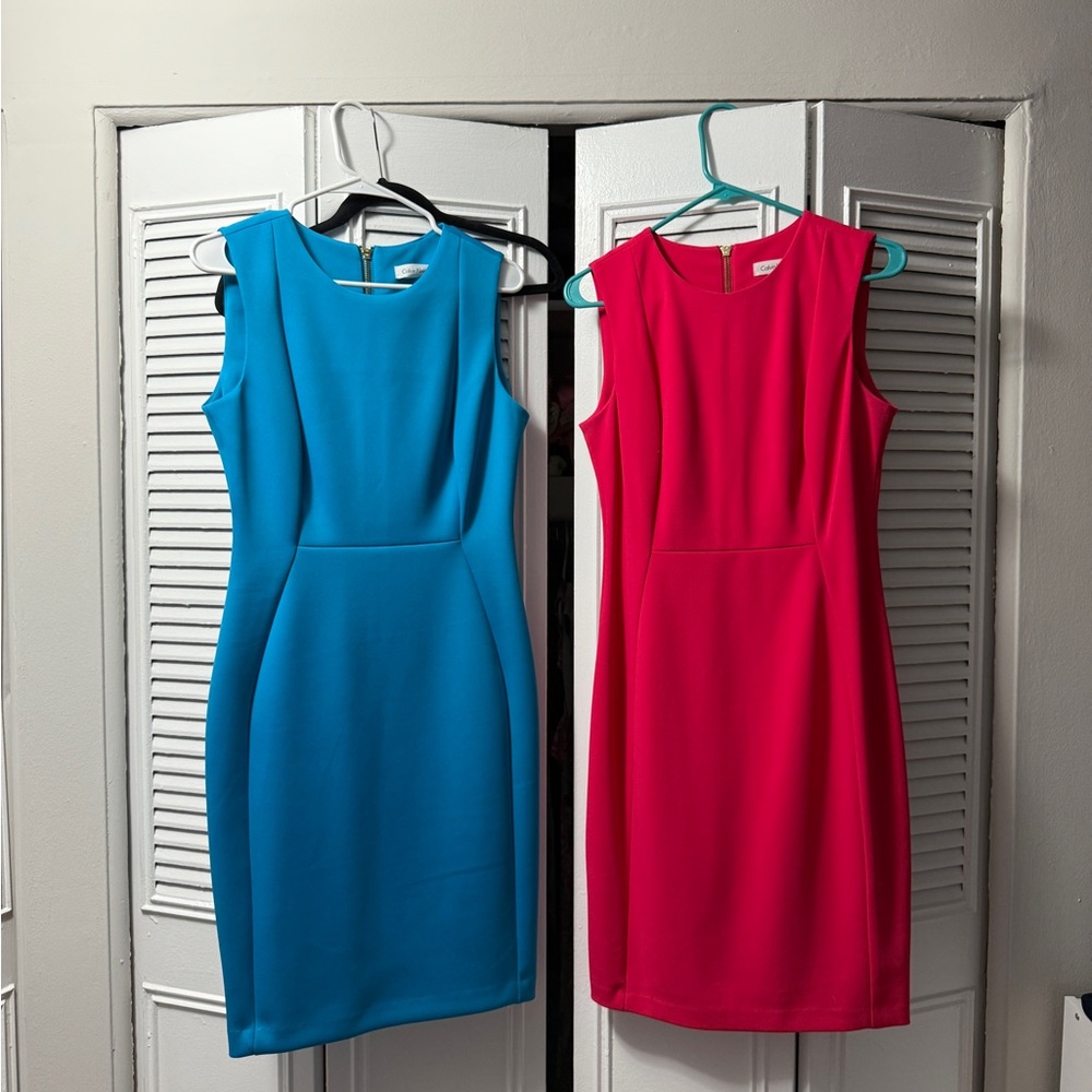 Calvin Klein Blue Sheath Dress Sleeveless Crew Neck Midi